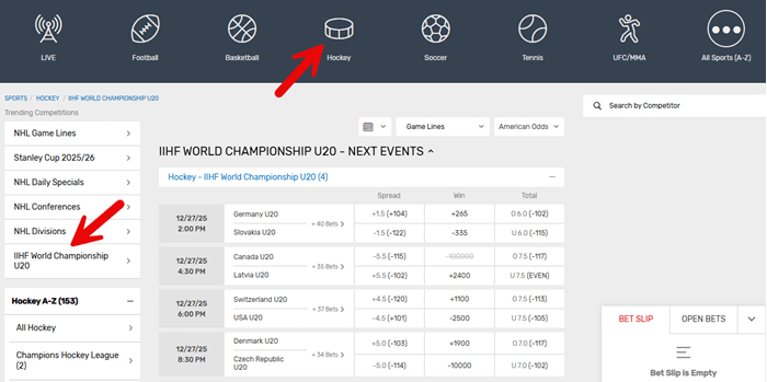 World Junior Championships 2026 betting example at Bovada sportsbook.