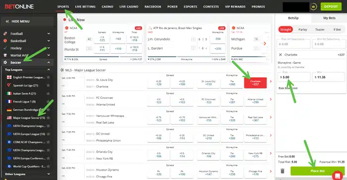 Screenshot from BetOnline showing the clicks (with arrows) to place a Major League Soccer bet.