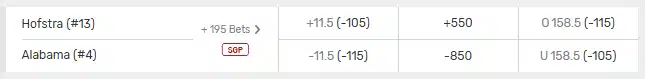 Alabama vs Hofstra betting lines (spread, money line, total) from Bovada sportsbook.