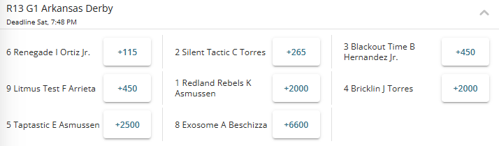 2026 Arkansas Derby fixed winner odds from BetOnline sportsbook.