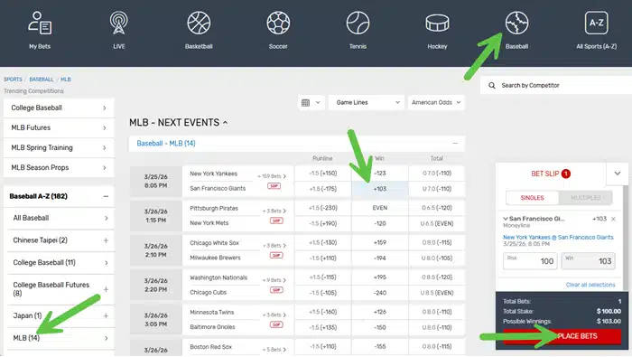 Screenshot showing the clicks to place a bet on an MLB baseball game at Bovada sportsbook.