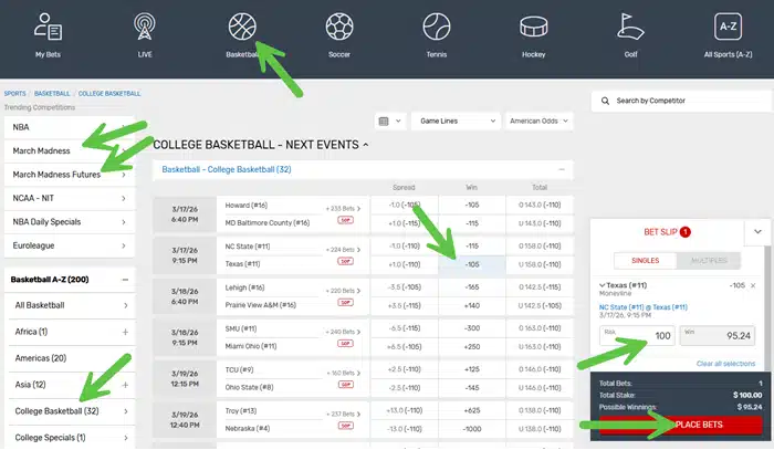 Screenshot showing the clicks to place a bet on March Madness at Bovada sportsbook.