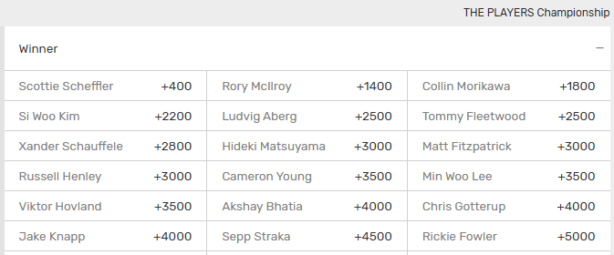 2026 The Players Championship outright winner odds from Bovada sportsbook.
