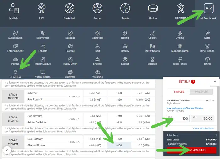 Example screenshot showing how to bet on UFC fights at Bovada sportsbook.