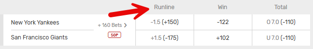 Screenshot example of the run line odds for an MLB game in 2026 from Bovada sportsbook.