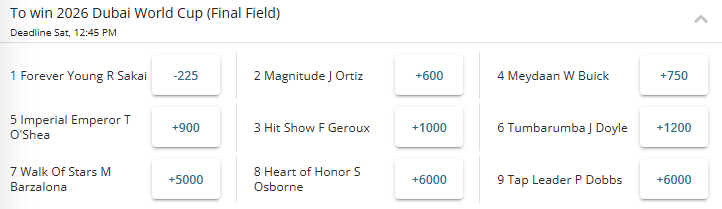 Odds to win 2026 Dubai World Cup from BetOnline sportsbook.