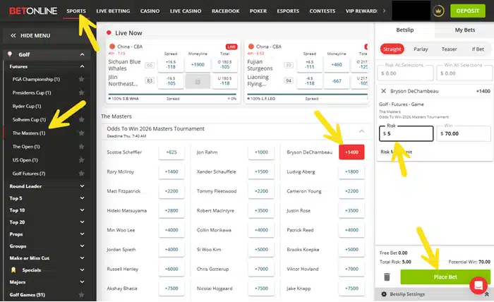 Screenshot showing the clicks to place a bet on the Masters winner at Betonline sportsbook.