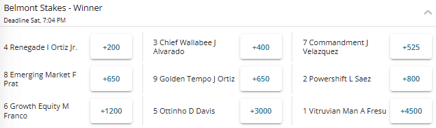 Screenshot of the fixed winner odds for the 2026 Belmont Stakes from BetOnline.