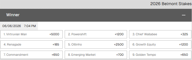 Screenshot of the fixed winner odds for the 2026 Belmont Stakes from Ozoon sportsbook.