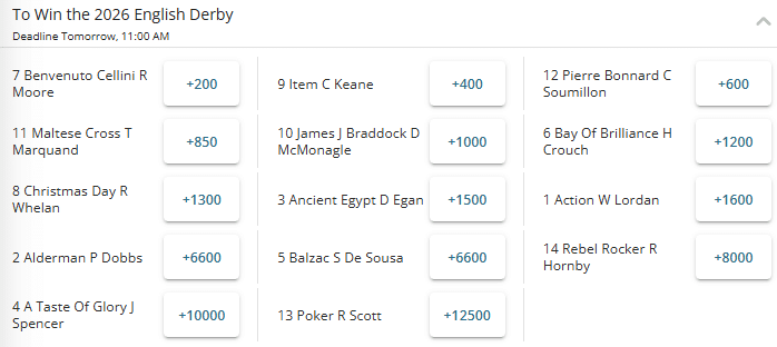 Screenshot of the fixed winner odds for the 2026 Epsom Derby from BetOnline.