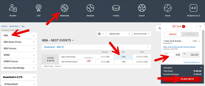 Screenshot of the clicks to place a bet on the 2026 NBA Finals from Bovada.