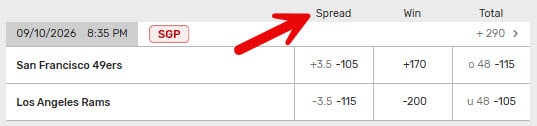 Screenshot showing the 49ers vs Rams spread betting example at Bovada sportsbook.