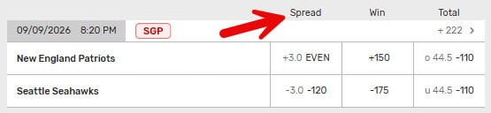 Screenshot showing the spread odds of an NFL game from Bovada.