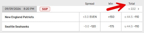 Screenshot showing the total (over/under) odds for a 2026 NFL game from Bovada.