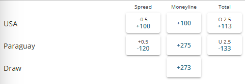 Screenshot showing the odds of the USA vs Paraguay match from BetOnline.