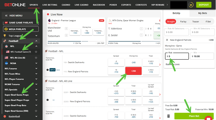 Screenshot with arrows showing how to place a bet on Super Bowl LX at BetOnline.