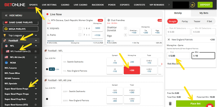 Screenshot with arrows showing the clicks to place a bet on Super Bowl LX at BetOnline.