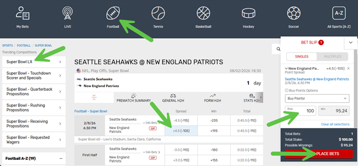 Screenshot with arrows showing the clicks to place a bet on Super Bowl LX at Bovada sportsbook.