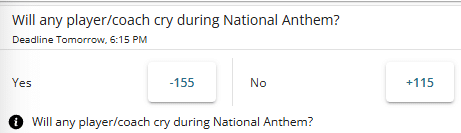 Odds for whether a player or coach will be seen crying during National Anthem at Super Bowl LX.