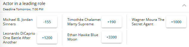 Screenshot of the 2026 Oscars Best Actor award winner odds from BetOnline sportsbook.