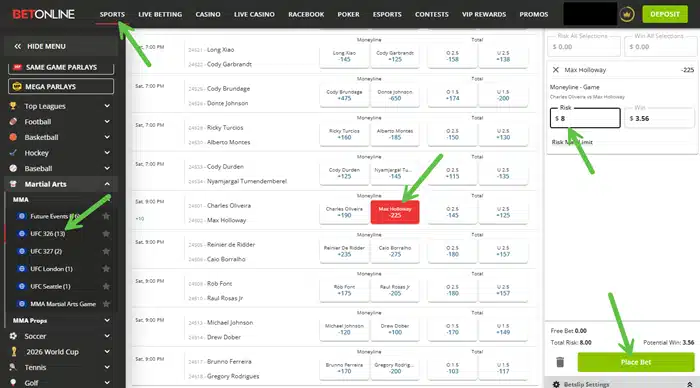Screenshot showing an example bet on UFC 326 from BetOnline sportsbook.