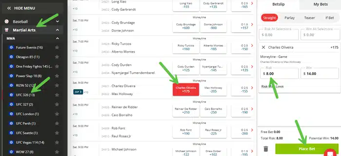 Example screenshot showing clicks to place a bet on the UFC at BetOnline.