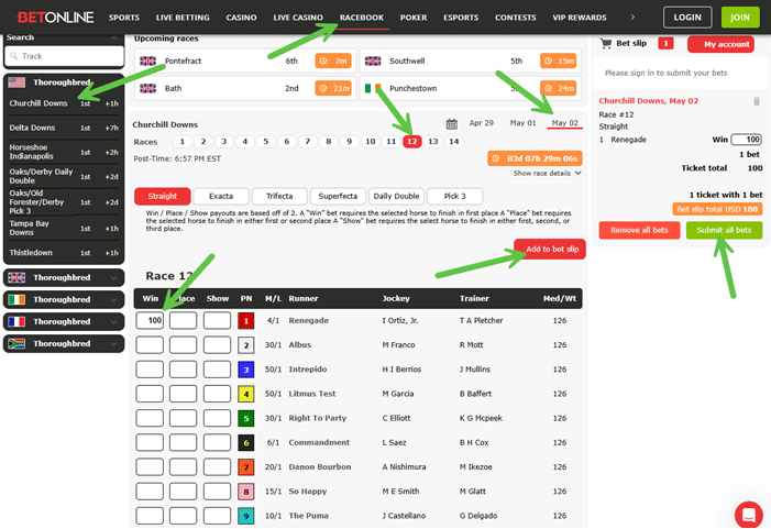 Screenshot of the clicks to place a bet on the 2026 Kentucky Derby in the BetOnline Racebook.