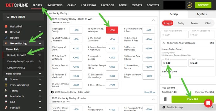 Screenshot showing the clicks to place a winner bet on the 2026 Kentucky Derby at fixed odds from BetOnline.
