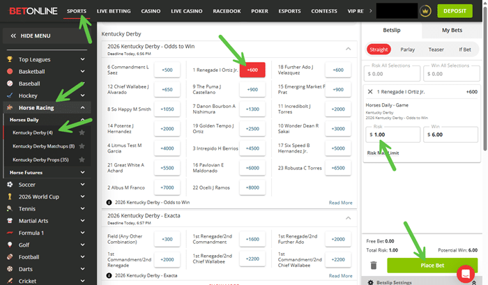 Screenshot showing the clicks to place a winner bet on the 2026 Kentucky Derby at fixed odds from BetOnline.