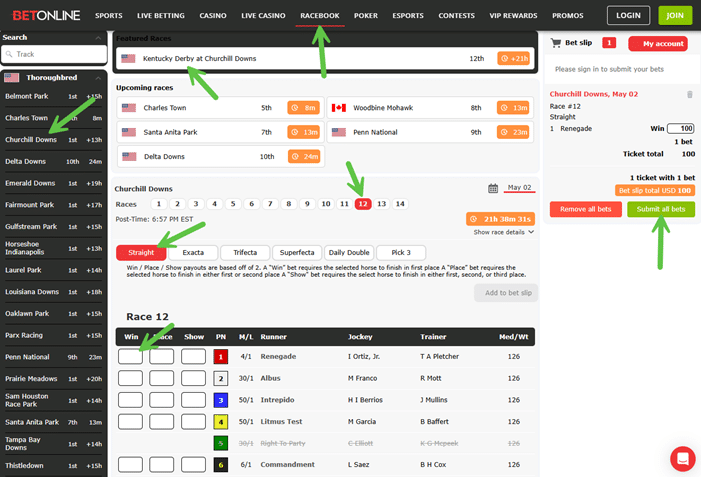 Screenshot of the clicks to place a bet on the Kentucky Derby (2026) from BetOnline Racebook.