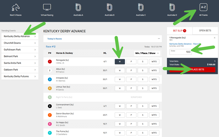 Screenshot showing the clicks to place a bet on the Kentucky Derby in the Bovada Racebook.