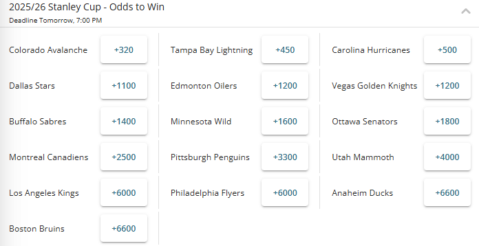 Screenshot of the 2026 Stanley Cup Champion odds leading into the NHL Playoffs from BetOnline.