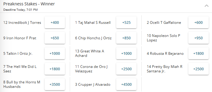Screenshot of the fixed winner odds for the 2026 Preakness Stakes from BetOnline.