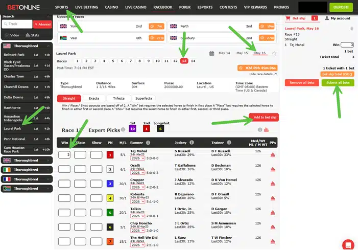 Screenshot of the clicks to place a bet on the Preakness Stakes in the BetOnline Racebook.