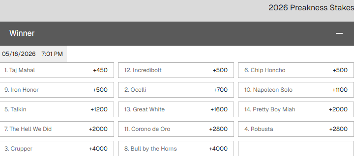 Screenshot of the odds to bet on the 2026 Preakness Stakes from Ozoon.