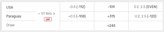 Screenshot of the USA vs Paraguay World Cup Group stage match from Bovada.