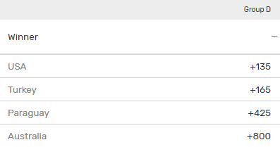 Screenshot showing the Group D winner odds from the 2026 World Cup at Bovada.