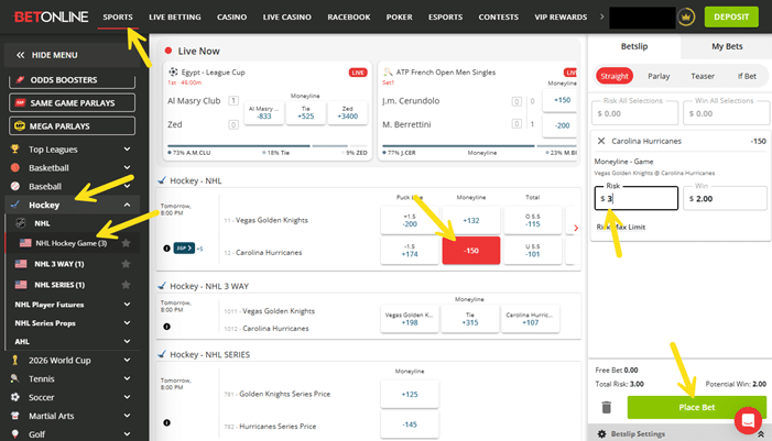 Screenshot of the clicks to place a bet on the 2026 Stanley Cup Finals from BetOnline.