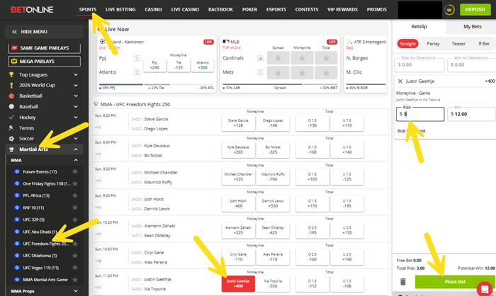 Screenshot showing the clicks to place a UFC bet online at BetOnline.