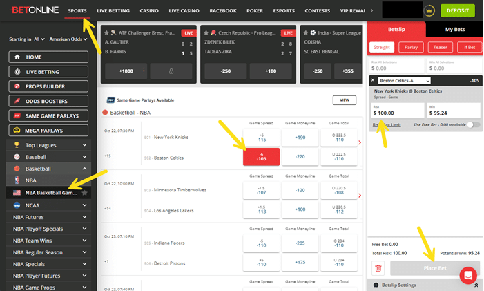 Screenshot showing the clicks to bet on the Celtics spread at BetOnline.