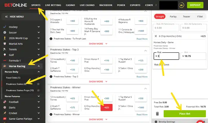 Screenshot showing a 2026 Preakness Stakes bet in the BetOnline sportsbook.