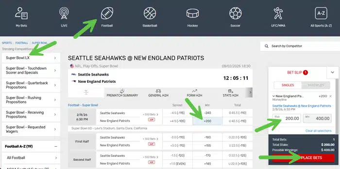 Screenshot showing step by step betting process for the Seattle Seahawks vs New England Patriots Super Bowl from Bovada sportsbook.
