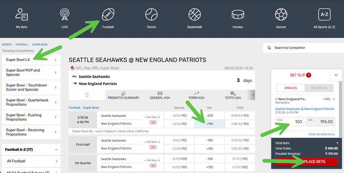 Screenshot showing the clicks to place a Super Bowl LX bet at Bovada.
